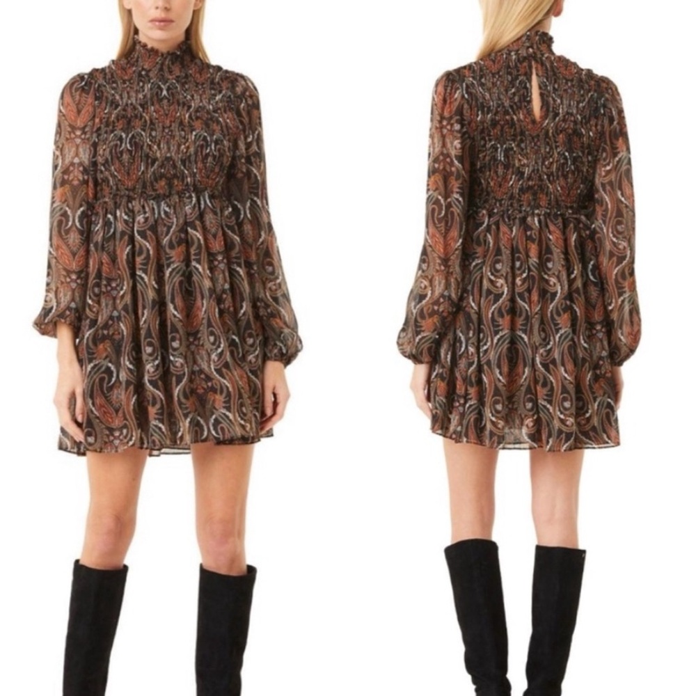 NWOT MISA Los Angeles Jessa Paisley Mini Dress in Brown Metallic Gold Oversized